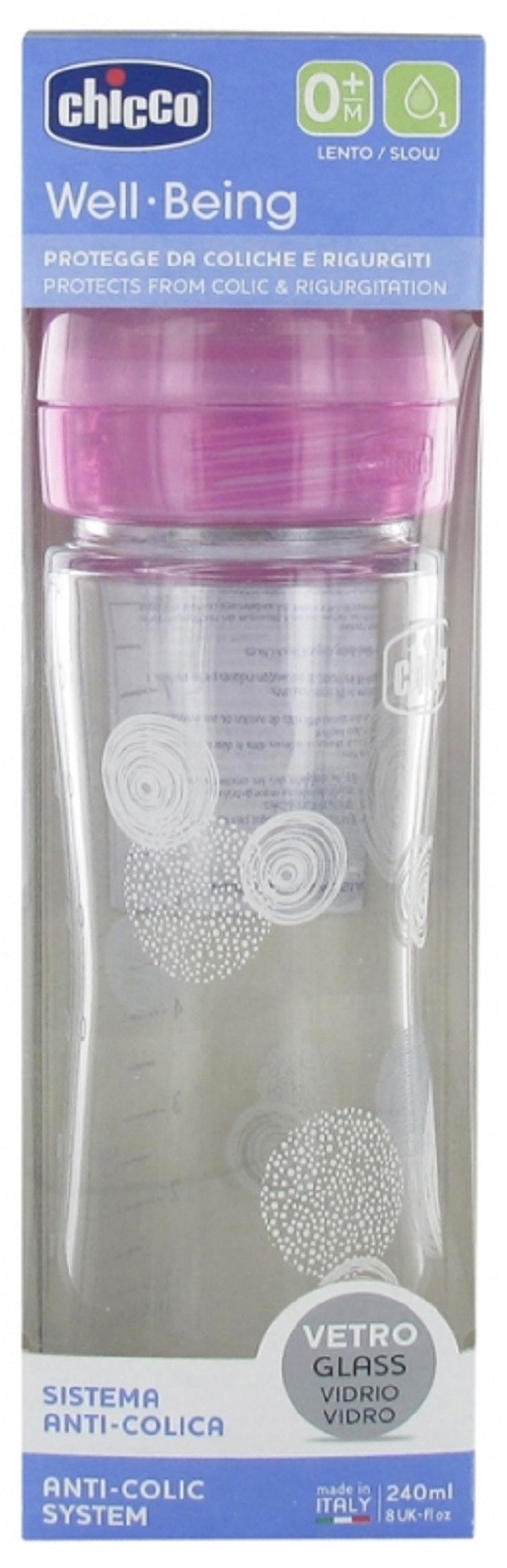 CHICCO WELL BEING BIBERON VERRE 240 ML DEBIT LENT 0 MOIS ET +