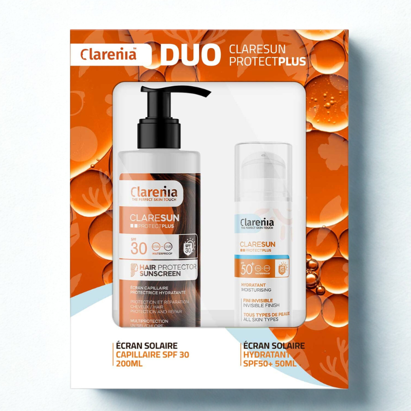 COFFRET SOLAIRE CLARENIA DUO ÉCRAN HYDRATANT INVISIBLE SPF50+ ET ÉCRAN CAPILAIRE (-40%)