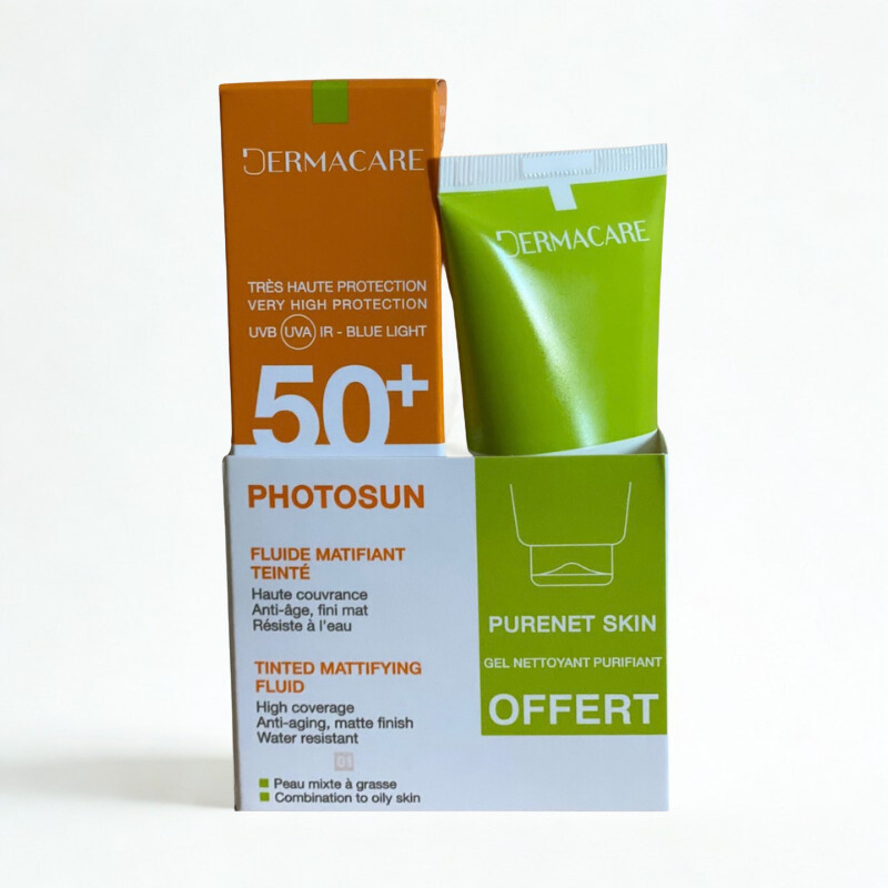 DERMACARE PHOTOSUN 01 FLUIDE MATIFIANT TEINTE PEAUX MIXTES A GRASSES SPF 50+ 50ML