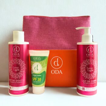 ODA LAIT DE DOUCHE +LAIT DE CORPS+CREME MAINS SPF 30+TROUSSE (OFFERT)